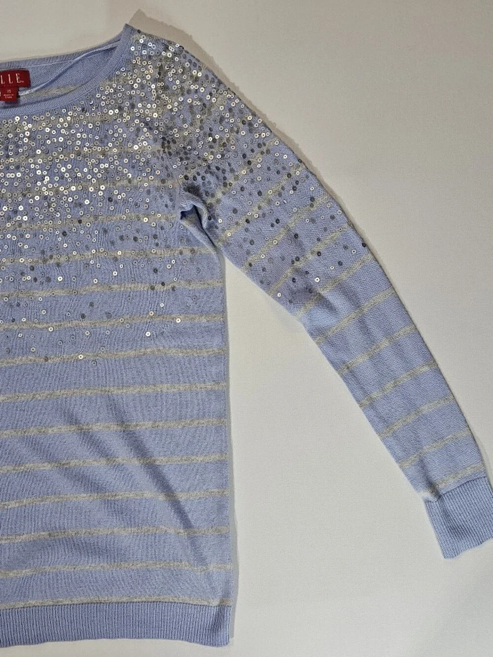 Elle Sweater Womens XS Blue Grey Stripe Sequined‎ Cottagecore Silver Sparkle